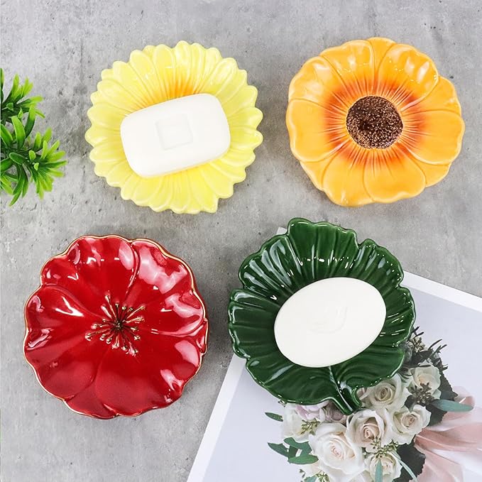 Ceramic Self Draining Soap Dish Red Hibiscus Flower Waterfall Soap Dish Soap Savers for Bathroom,Shower,Bar Counter