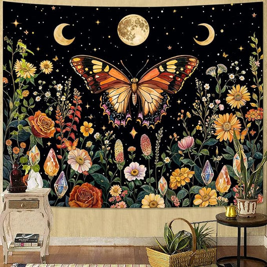 Lunerfex Boho Butterfly Tapestry Flower Moon Wall Tapestry, Moon Phases Tapestries for Bedroom Cute Tapestries Wall Hanging for Bedroom Living Room Wall Decor Butterfly-2 44"x60"