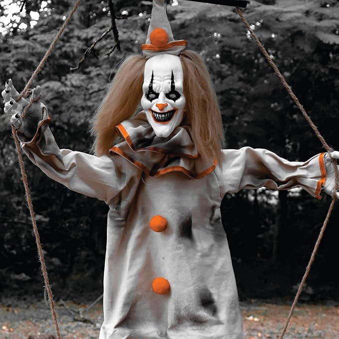 Haunted Hill Farm Scary Swinging Talking Clown Animatronic with Touch Activated Lights and Sounds, Battery Operated Indoor or Covered Outdoor Decoration, Creepy Halloween Prop
