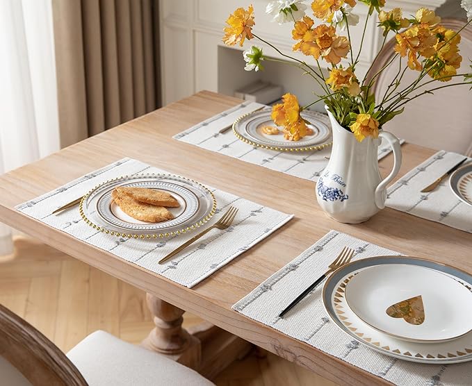 Boho Placemats Set of 4 for Dining Table Decor, Woven Cloth Place Mats for Farmhouse Rustic Kitche Home Decor, Cotton Placemats 13 x 19 Inch, Grey and Beige Table mats