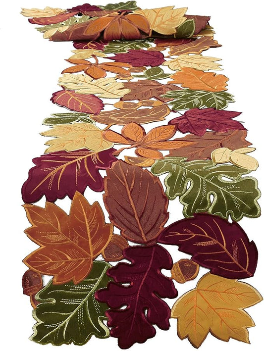 OWENIE Fall Table Runner, Thanksgiving Table Runner 120 Inches Extra Long, Harvest Leaves Home Decor for Autumn Season, Cutwork Embroidered Leaf Decoration for Holiday, 13 x 120 Inches Dresser Scarf