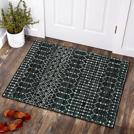 Lahome Moroccan Entry Rug 2x3, Non-Slip Washable Front Door Mat Indoor Rubber Backing Low-Profile Door Rugs, Small Geometric Print Distressed Inside Welcome Mats for Entryway Bathroom Kitchen, Black