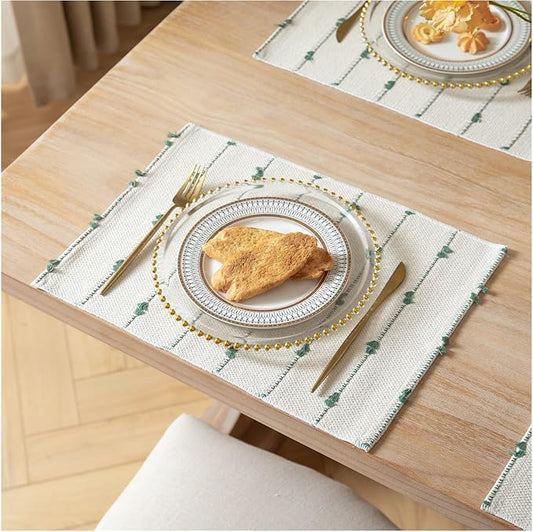 Boho Placemats Set of 6 for Dining Table Decor, Woven Cloth Place Mats for Farmhouse Rustic Kitche Home Decor, Cotton Placemats 13 x 19 Inch, Green and Beige Table mats