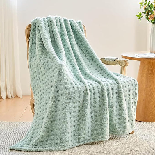 NEWCOSPLAY Super Soft Throw Blanket Green Premium Silky Flannel Fleece 3D Waffle Checkered Lightweight Bed Blanket All Season Use (New Sage Green, Throw(50"x70"))