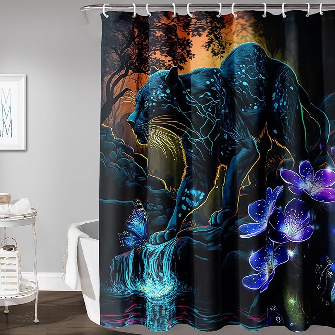 AILONEN Black Panther Shower Curtain,Glowing Panther Print Bath Curtain for Kids Boys Men,Wildlife Forest Cheetah Leopard Waterproof Shower Curtain for Bathroom, 72" W x 96" H