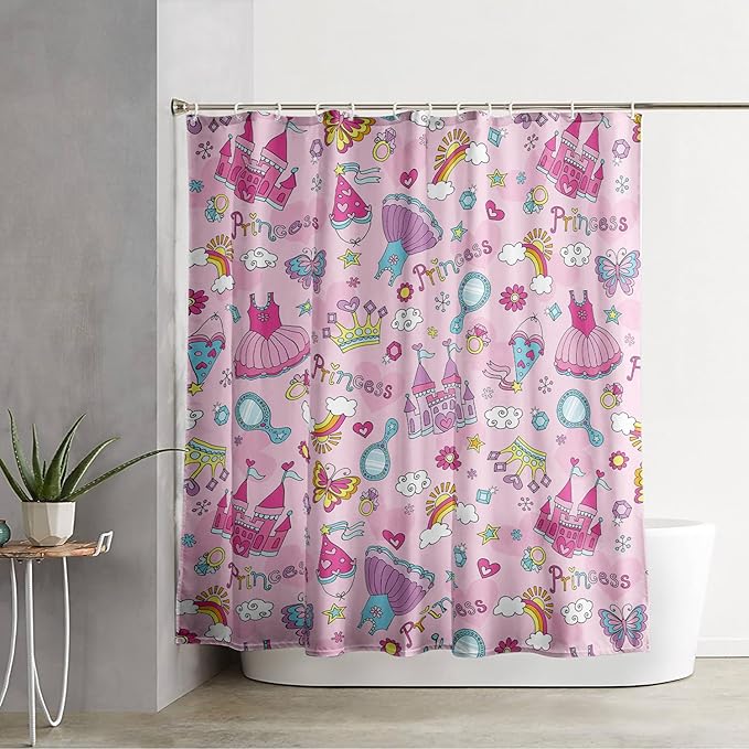 AILONEN Princess Dress Shower Curtain,Cartoon Sparkling Star Diamond Waterproof Shower Curtain Set for Girls Kids Teens, 72" W*84" H Pink Castle Jewelry Shower Curtain for Bathroom