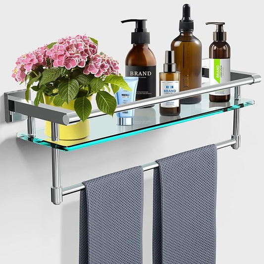 Bathroom Glass Shelf with Towel Rack Organizer Wall-Mounted Bathroom Storage SUS304 Stainless Steel Towel Bar/Track Wall-Mounted Tempered (Chrome Polished, 20-inch)