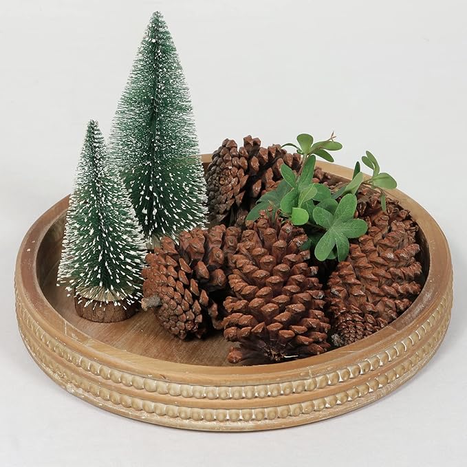 Carah & Cossh 12'' Round Wooden Tray, Whitewashed Round Decorative Wood Tray, Round Farmhouse Rustic Decorative Tray, Perfect for Storage and Display (Rustic Brown)