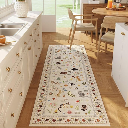 Runner Rug for Kitchen Non Slip 2'6''x8' Washable Rugs with Rubber Backing Soft Floral Animal Cat Carpet Runner for Kitchen Laundry Bedroom Bathroom, Beige