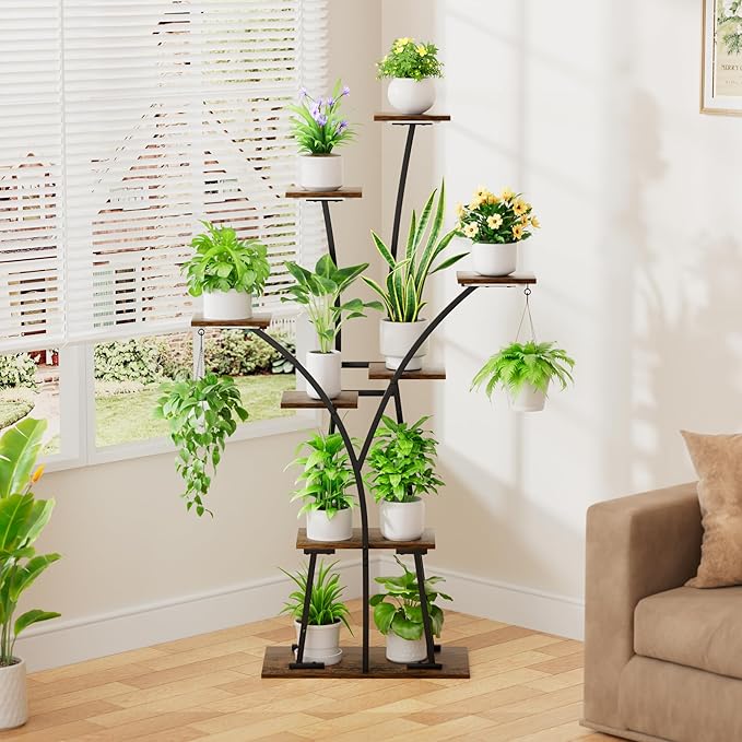 Plant Stand Indoor with Grow Lights, 8-Tiered Large Plant Shelf for Indoor Plants, 63" Tall Plant Tree-Shape Display Rack for Patio, Balcony, Home Decor