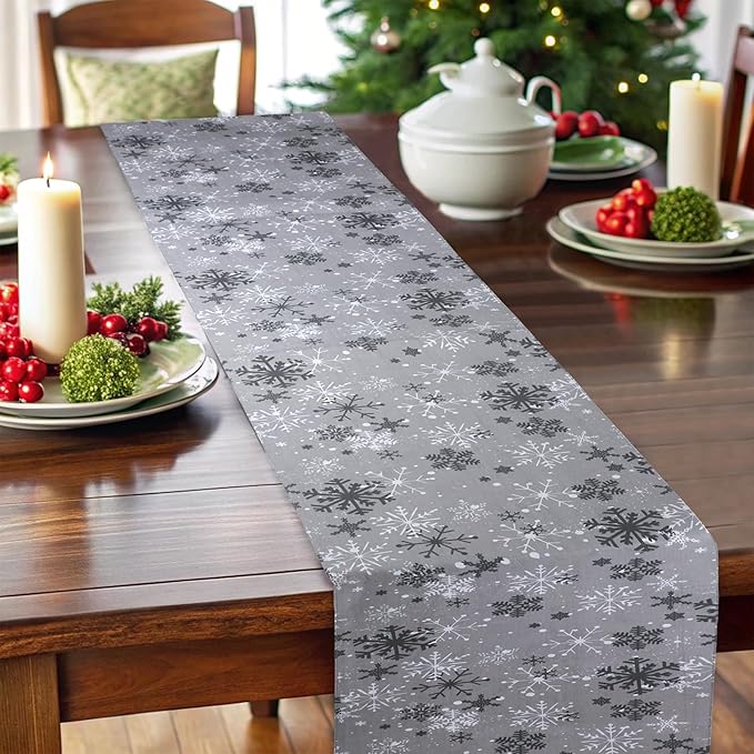 Urban Villa Christmas TableRunner Grey Snowflake Table Runner 14”x72” 100% Cotton Over Sized Runner Heavier Quality Table Runner for Christmas Celebrations Dining WeddingDinner Parties Everyday Use