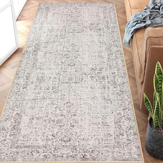 Gray Runner Rug 2x5 Hallway Machine Washable Kitchen Vintage Distressed Non Slip Carpet Indoor Grey Retro Floral Bedroom Accent Throw Rug for Bathroom Office Laundry Dining Living Room