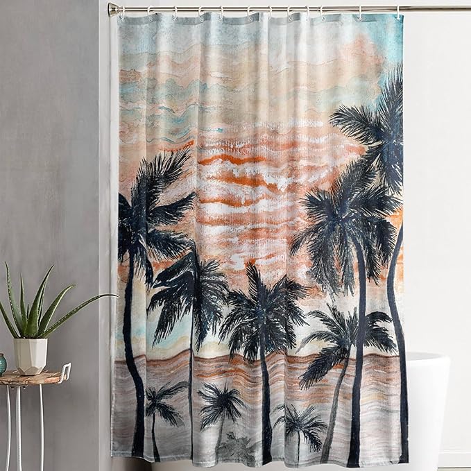 AILONEN Beach Shower Curtain,Retro Afterglow Bathroom Shower Curtain Sets for Girls Boys Teens Women, 72" W*84" H Sunset Coconut Tree Theme Bathroom Decors