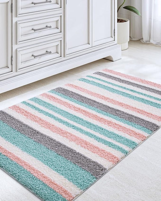 LUMI Striped Bath Rugs, Extra Soft and Absorbent Microfiber Bath Mat, Machine Wash Non-Slip for Bathtub or Bathroom Floor, 24"x43", Pink