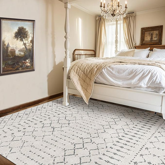 5x8 Area Rugs for Living Room, Washable Rugs Moroccan Boho Farmhouse Rug with Non-Slip Backing, Soft Low Pile Indoor Floor Carpet Neutral Rug for Bedroom Dining Room, Off White/Grey