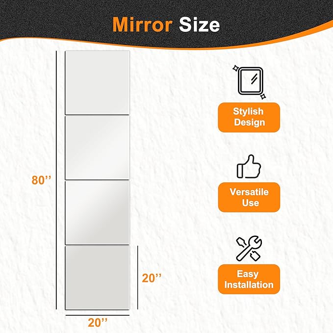 Delma Frameless Mirror Tiles 20"x20"x4 Pcs Wall Mounted, Shatter Resistant Full Length Tempered Glass Panels for Home Gym Bathroom Bedroom & Living Room Decor