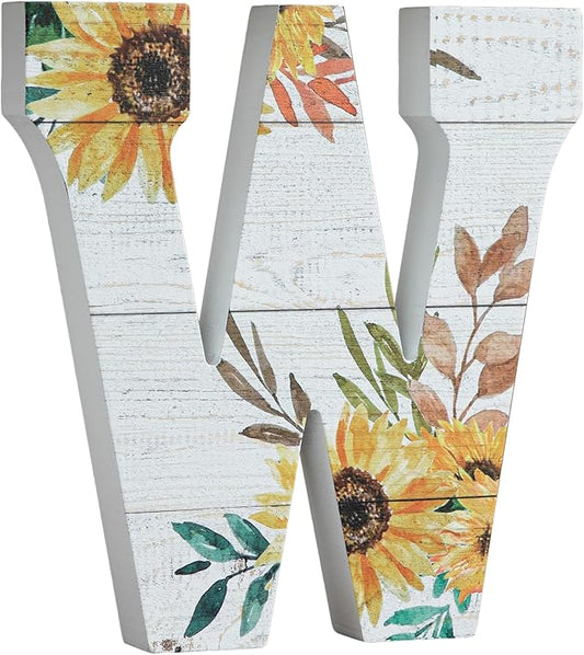 COLLECTIVE HOME - 10" Wood Lettes for Wall Decor, Sunflower Tabletop Alphabet Decoration, DIY Farmhouse Decor, Rustic Freestanding Monogram Block (W)