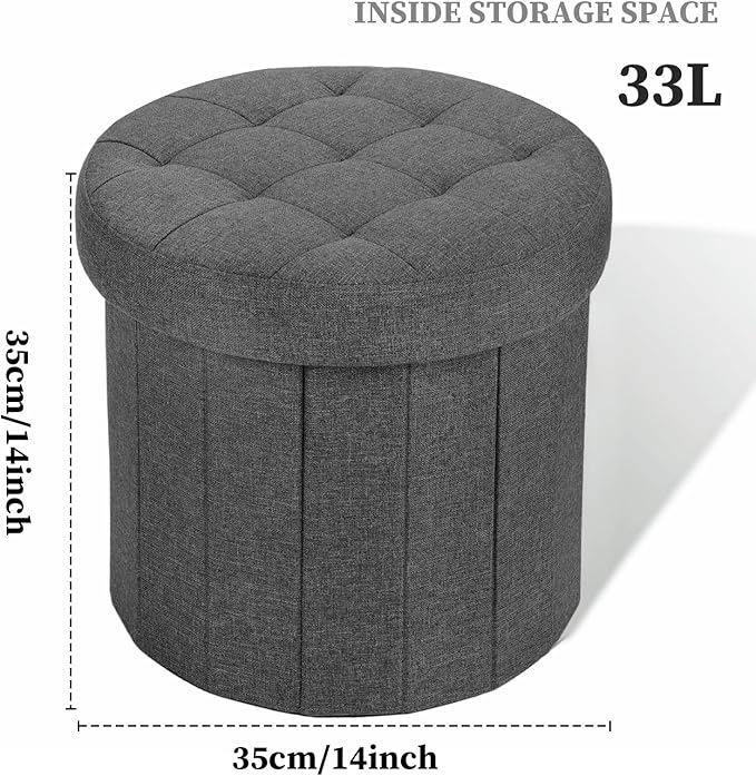 Ottoman with Storage, Foot Rest Stool with Thicker Foam Padded Seat Linen Small Round 14“ x 14” x 13 "Inchs Storage Ottoman Bench for Living Room Foldable Pouf Coffee Table 2 Pack, Dark Gray