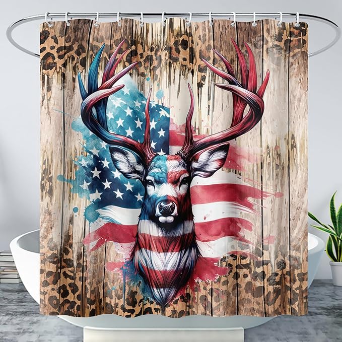 AILONEN Deer Hunting Shower Curtain for Bathroom Decor,American Flag Elk Bath Curtain for Kids Boys Teens,Safari Deer Print Curtain,Polyester Waterproof with 12 Plastic Hooks 36" W*72" H