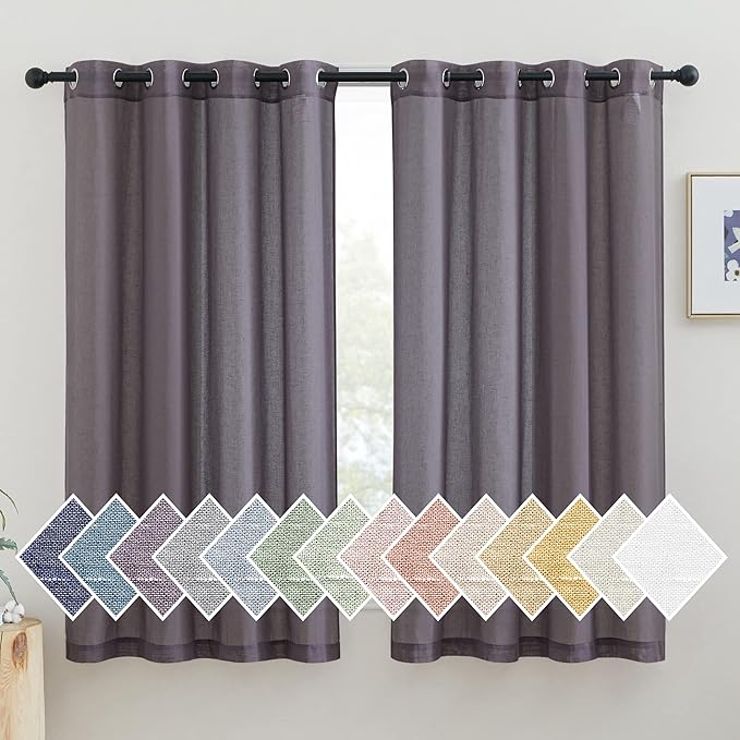 NICETOWN Linen Curtains for Bedroom, Grommet Semi Sheer Privacy with Light Filtering Curtains & Drapes Window Treatment for Bedroom Girls, Purple Brown, W52 x L63, 1 Pair