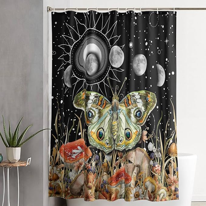 AILONEN Moth Shower Curtain,Sun and Moon Shower Curtain Set for Kids Girls Boys,Boho Natural Mushroom Plants Bath Curtain,Starry Night Bathroom Decor Shower Curtain with 12 Hooks,72" W*78" H