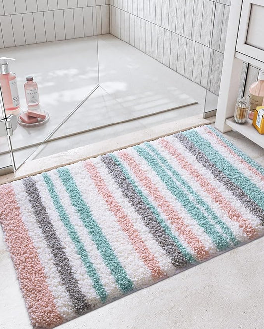 LUMI Striped Bath Rugs, Extra Soft and Absorbent Microfiber Bath Mat, Machine Wash Non-Slip for Bathtub or Bathroom Floor, 17"x30", Pink