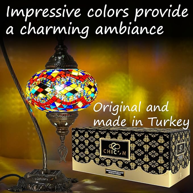 CHICON Handmade Mosaic Turkish Lamp | Genuine Glass Mosaic | A Piece of Art in Unique Lamps | Antique Vintage Lamp | Tiffany Boho Lamp | Moroccan Bohemian Small Table Lamp - SWAN Wave Mix