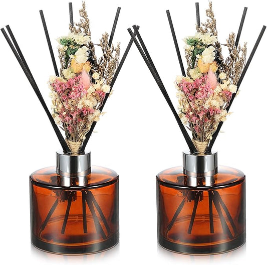 Rtteri 2 Reed Diffuser Sets Flower Oil Diffuser Sticks with Refill Empty 5oz Bottles Scent Glass for Fragrance Home Bathroom Gifts, Oil Not Included(Coffee Color)