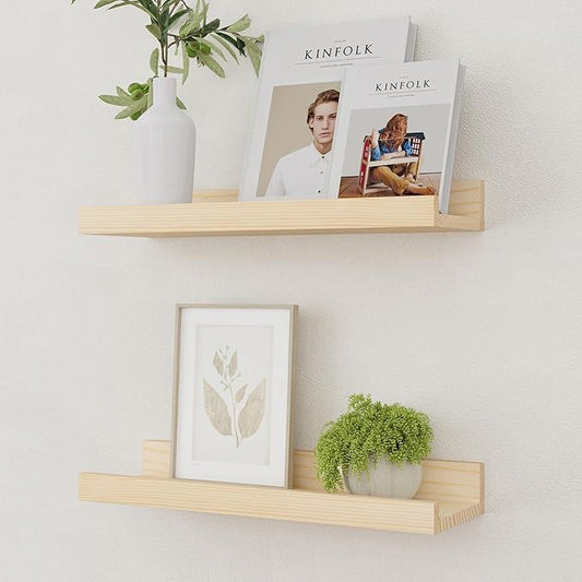 Picture Ledge Shelf, Solid Pine Wood Rustic Floating Shelves for Wall, 16 Inch Floating Shelves with Lip for Bedroom Kitchen Living Room Nursery Display Wall Decor, Set of 2 (Natural)