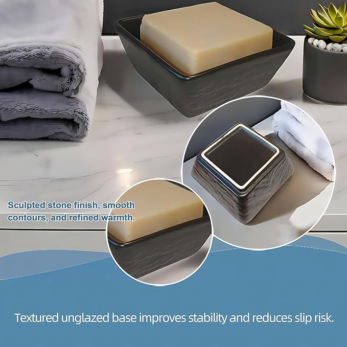 Ceramic Soap Dish, Vonpri Soap Holder Tray, Non-Slip Square Soapbox Container for Handmade Bar Bathroom Sink, Countertop, Shower Stone Texture (Black)