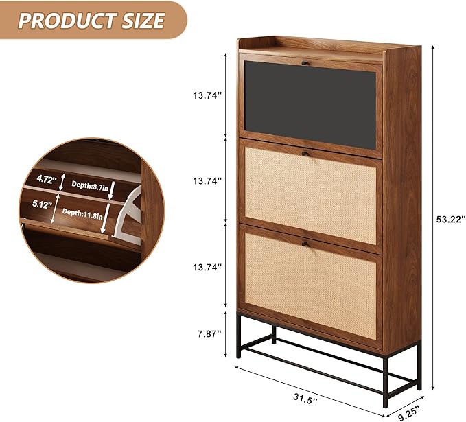AVZEAR Narrow Shoes Cabinet with 3 Flip Drawers, Free Standing Shoe Racks Organizer Farmhouse Tipping Bucket with Blackboard, Entryway Hallway Storage, Walnut
