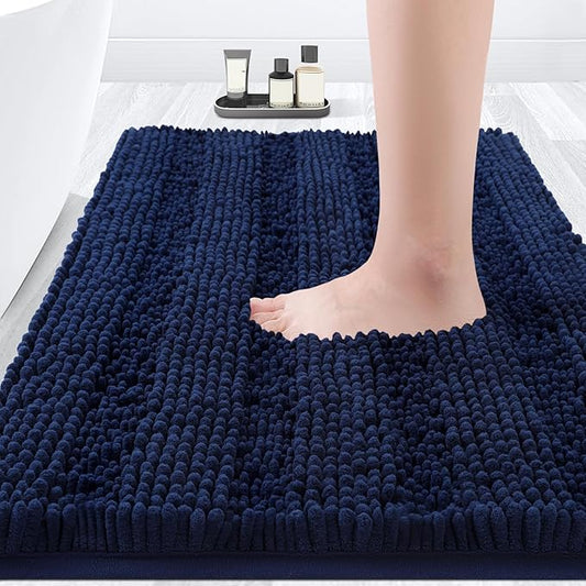 ACCUMTEK Striped Navy Blue Bathroom Rug Mat 36"x24" Ultra Soft, Non Slip Chenille Bath Rugs, Absorbent Plush Shaggy Bath Mats for Bathroom, Bedroom, Kitchen, Shower, Tub
