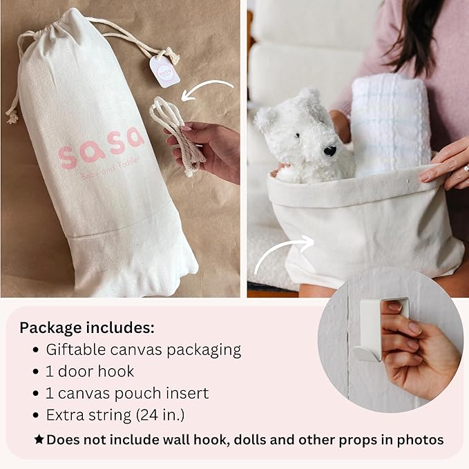 Sasa Macrame Over Door Organizer - 3-Tier Hanging Organizer with Canvas Pouch & Door Hook, Nursery Decor, Kid's Room, Playroom, Dorm, Storage for Stuffed Animals, Plushies, Blankets, Baby Essentials