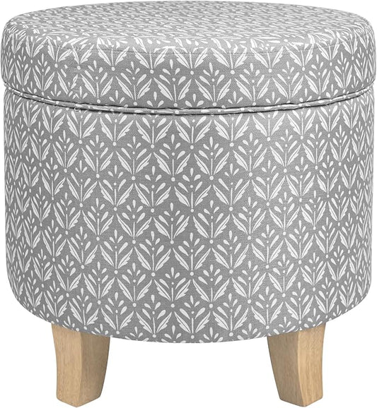 HomePop Upholstered Round Storage Ottoman Home Décor|Upholstered Round Foot Rest Ottoman - Light Grey Print Large