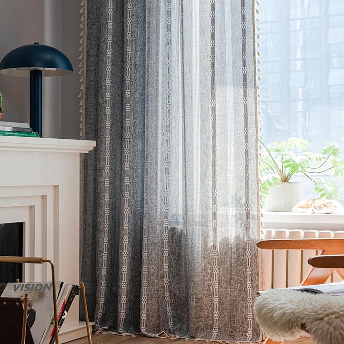 ColorBird Dark Grey Curtains for Bedroom, Linen Darkening Drapes 63 Inch Length 2 Panels, Embroiderey Boho Farmhouse Room Divider Curtains for Living Room Dining Nursery Closet