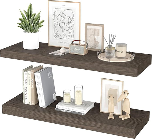 Floating Shelves for Wall - 36 x 9 Inch Wood Shelves for Bathroom, Bedroom, Kitchen Decor, Farmhouse Decor Set of 2, Rustic Brown