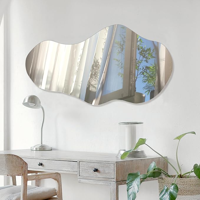 PERFNIQUE Irregular Wall Mirror Asymmetrical Mirror, 43''x24'' Decorative Modern Mirrors for Bathroom Bedroom Living Room Entryway, Cloud Frameless Mirror, Wall Mounted(43''x24'', Cloud)
