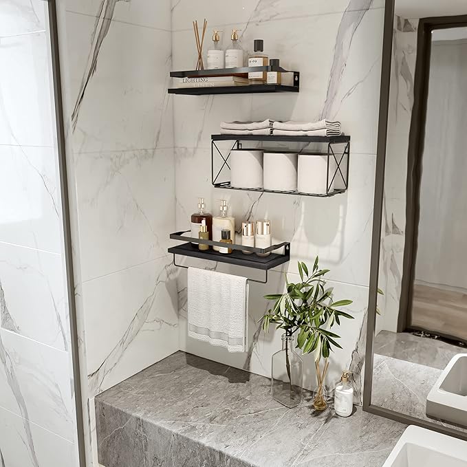 Bathroom Shelves with Wire Storage Basket, Floating Shelves Over Toilet with Protective Metal Guardrail, Wall Shelves for Bedroom, Living Room, Kitchen and Bathroom Toilet Paper