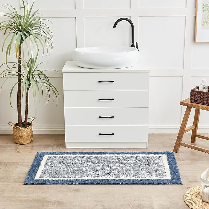 CozeCube Bath mats for Bathroom Non Slip, Fluffy Shaggy Bath Rugs for Bathroom Washable, Extra Soft and Absorbent Microfiber Bath Rugs for Shower Sink, Kitchen Sink, Navy Blue, 16" x 24"