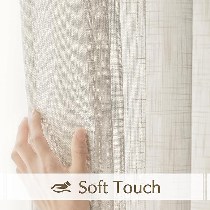 FMFUNCTEX Natural Sliding Door Curtain 84" Sheer Linen Curtains for Living Room Divider 100" Width Extra Wide Bedroom Drapes Linen Patio Door Panel Semi Sheer Window Panels Beige Rod Pocket 1 Panel