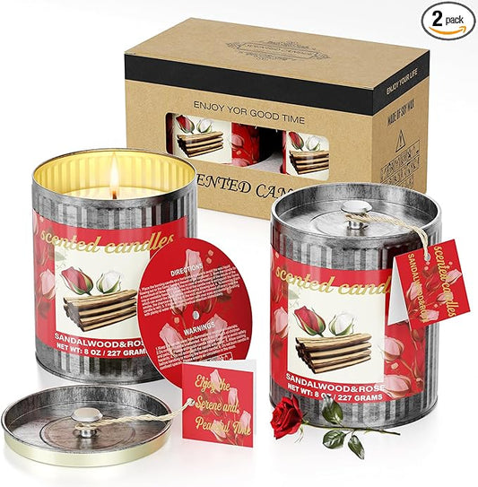 Vintage Scented Candles Gift Set (2 x 8 oz) - Sandalwood & Rose Aromatherapy Candle, Natural Soy Wax Candle, (2 x40) Hours Burn, 8% Fragrance Oil, Holiday Gifts for Home Decor, Relaxation & Christmas