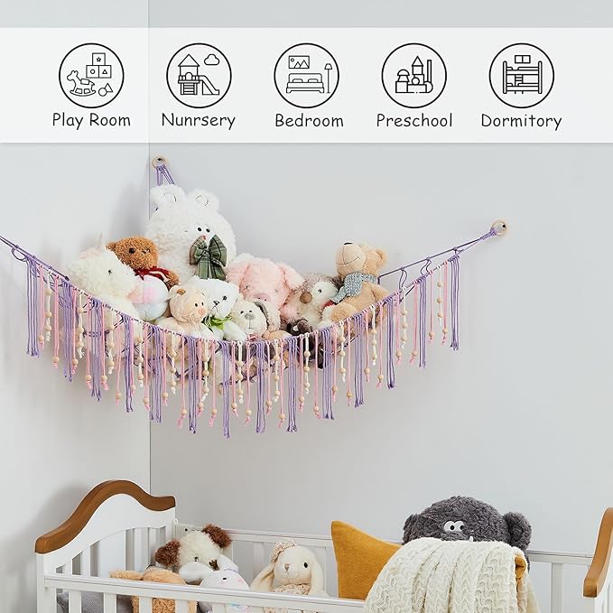 Pretty Jolly Stuffed Animal Storage Hammock with Wooden Beads Corner Hanging Net Boho Tassel for Toy Plush Holder for Kid Room Nursery Decor Wall Display Organizer for Girls Boy Gift(Purple)