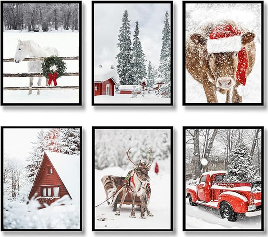 Quzenu Christmas Wall Art Elk Horse Bull Christmas Wall Decor Canvas Prints For Living Room Decor Scandinavian Natural Posters Reindeer Pine Forest Farmhouse Wall Decor