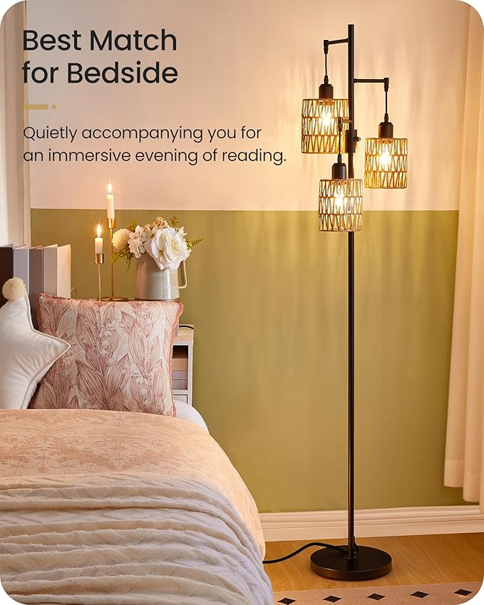 Dimmable Floor Lamp, Farmhouse Tall Standing 70.3" Tree Lamp with 3 Rope Woven Lampshades, Boho Rattan Floor Lights, 4W 3 LED Bulbs Included, for Living Room, Bedroom, Study, Office B03LD05