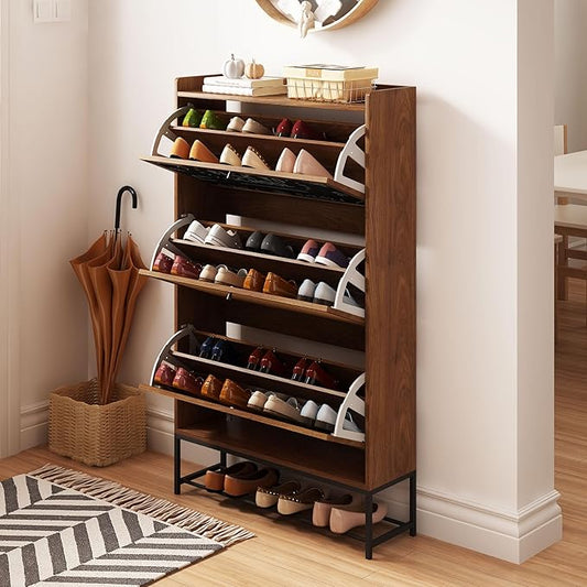 AVZEAR Narrow Shoes Cabinet with 3 Flip Drawers, Free Standing Shoe Racks Organizer Farmhouse Tipping Bucket with Blackboard, Entryway Hallway Storage, Walnut