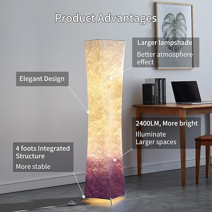 chiphy Floor Lamp, 52" Tall Standing Lamp, 3 Levels Adjustable Brightness LED Bulbs, Column Floor Light, Purple Gradient Fabric Lampshade, Home Decor for Living Room, Bedroom, Kids Room