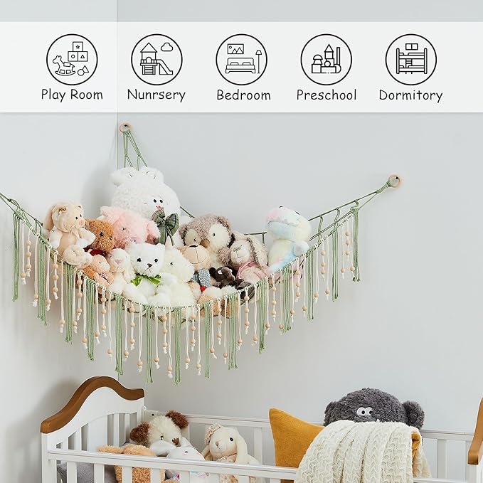 Pretty Jolly Stuffed Animal Storage Hammock with Wooden Beads Corner Hanging Net Boho Tassel for Toy Plush Holder for Kid Room Nursery Decor Wall Display Organizer for Girls Boy Gift(Sage Green)