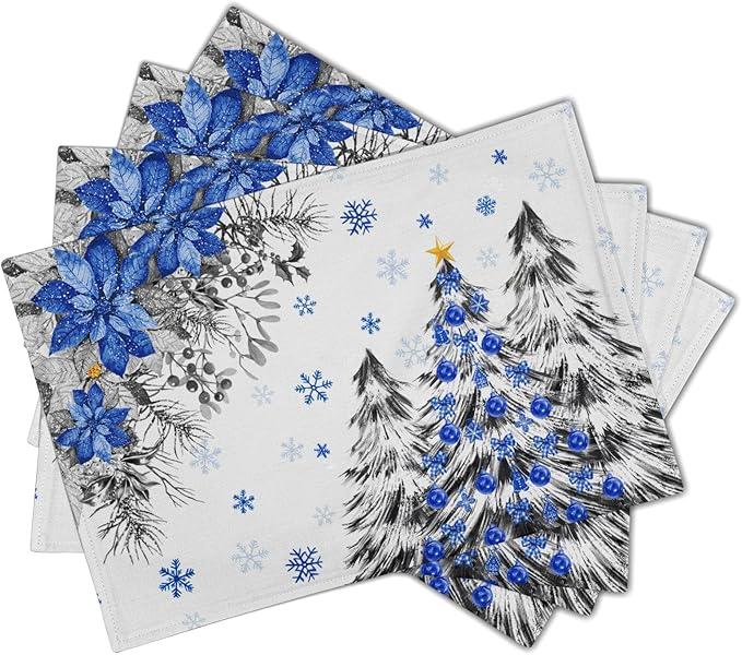 Giwawa Christmas Placemats Set of 4 Blue Grey Xmas Trees Balls Linen Place Mat 12"x18" Winter Poinsettia Floral Snowflakes Stain Resistant Table Mats for Kitchen Dining Holiday Party Decor