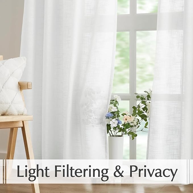 FMFUNCTEX Sliding Door Curtains White Linen Textured Sheer Curtains 84" Living Room 100" Width Extra Wide Patio Glass Door Panel Room Divider Drapes Large Semi Sheer Window Panels Rod Pocket 1 Panel