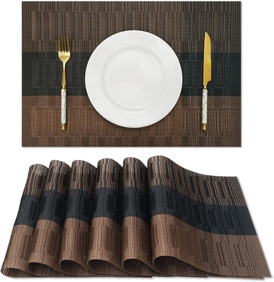 HeloHo Brown Black Placemats Set of 6 Washable Placemats Vinyl Woven Table Mats Wipeable Placemat for Kitchen Dining Table Decoration Indoor Outdoor